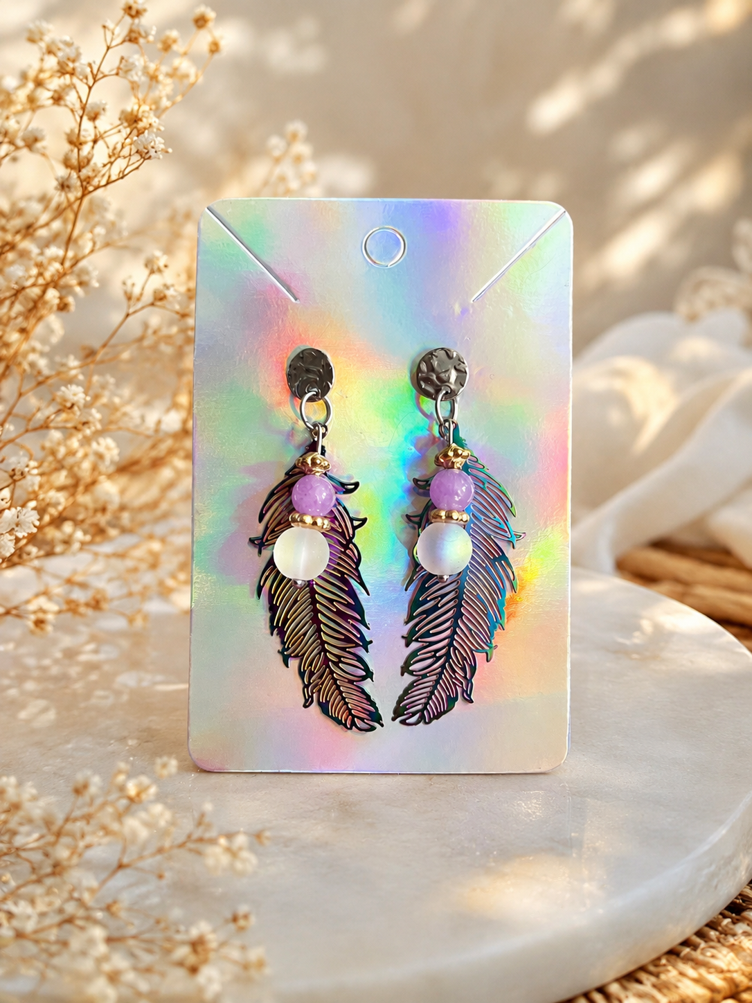 Boucles d’oreilles Plumes Aurore irisées – Fairies Stones
